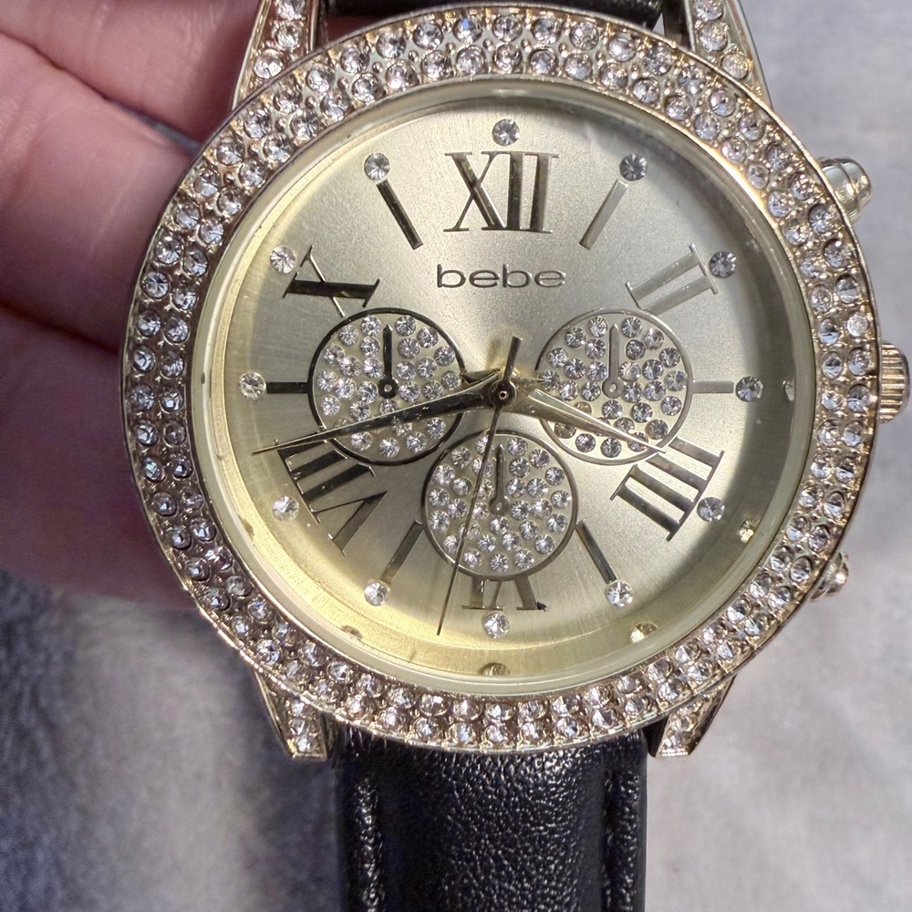 bebe BEB9196RO Rhinestone Gold Tone Black Strap Watch Y2K Glam Untested